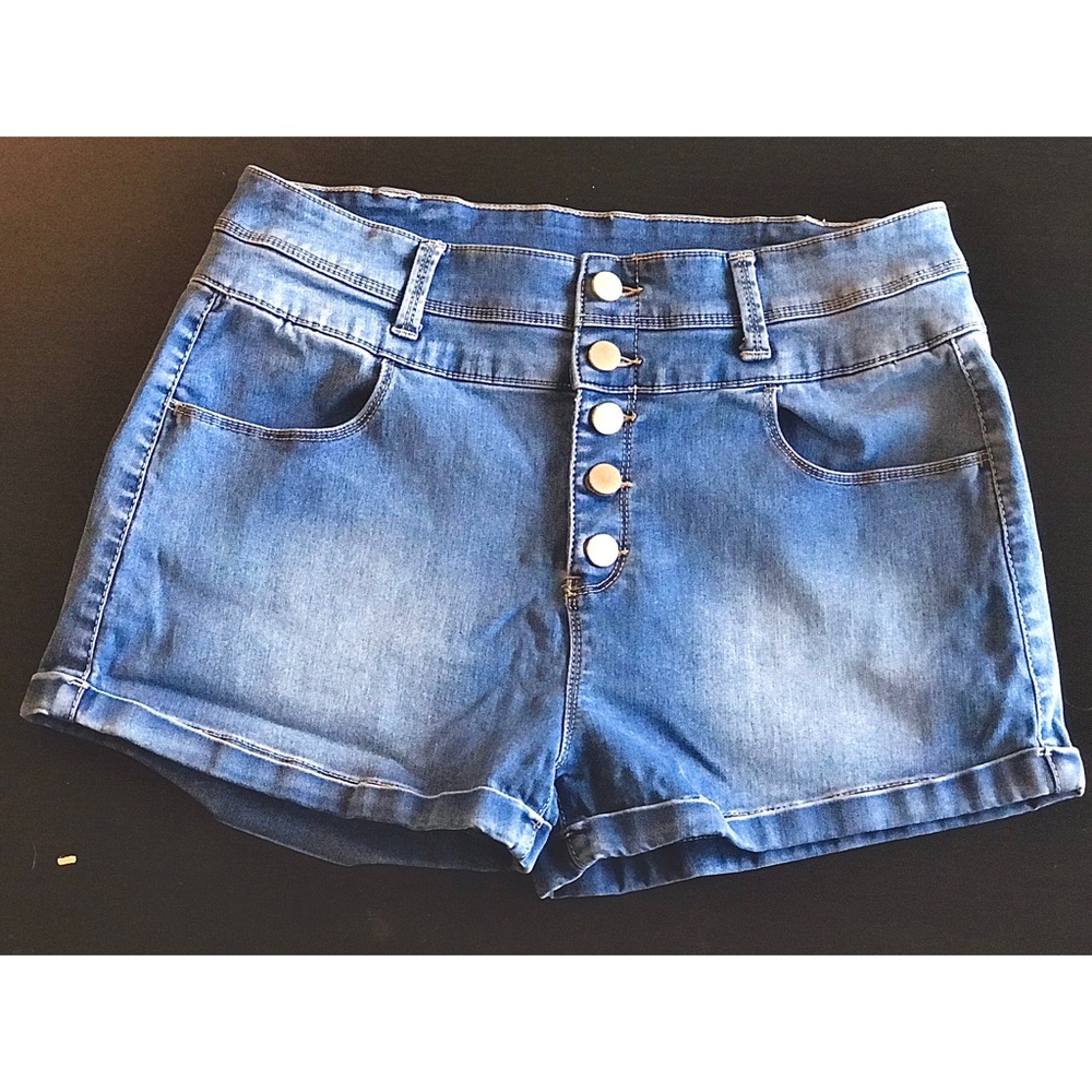 Juniors High Waisted Button-Up Denim Shorts
